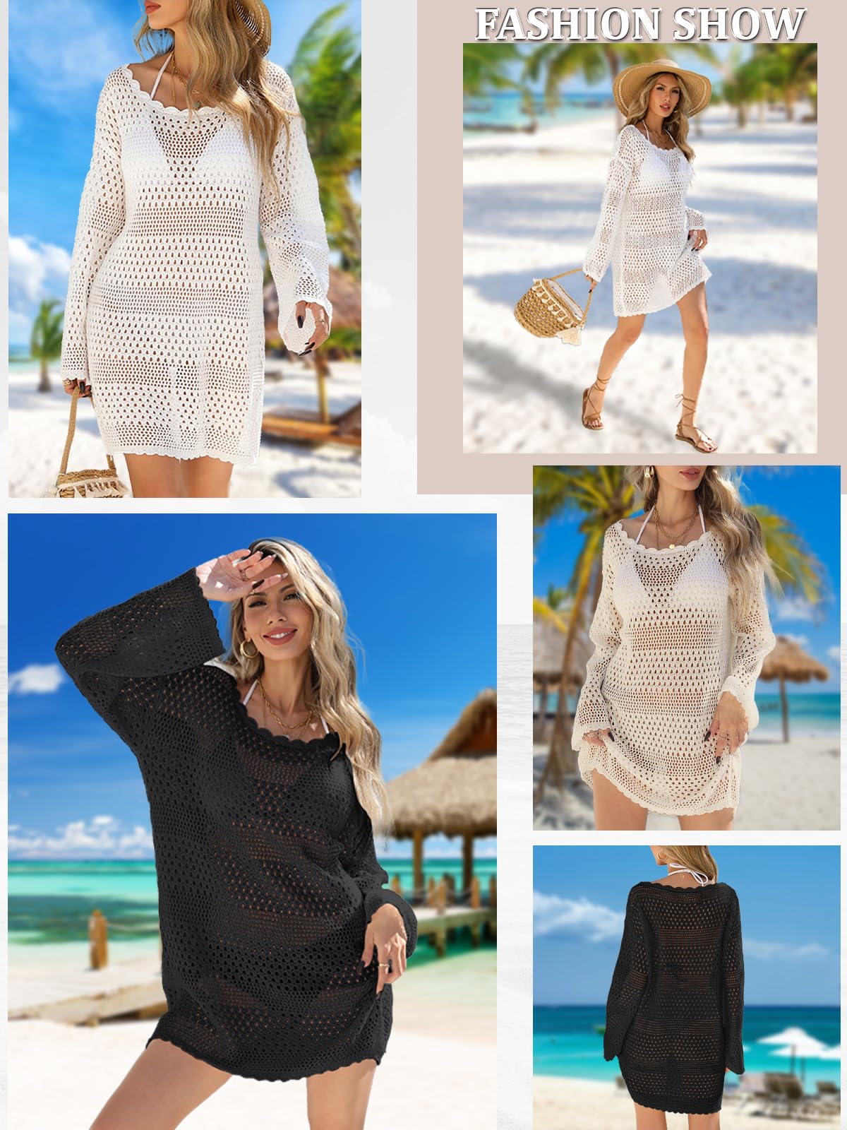 ZNRZNR Bathing Suit Cover Up for Women, Crochet Long Sleeve Swimsuit Mesh Knit Beach Dress Cruise Vacation Outfits 2025