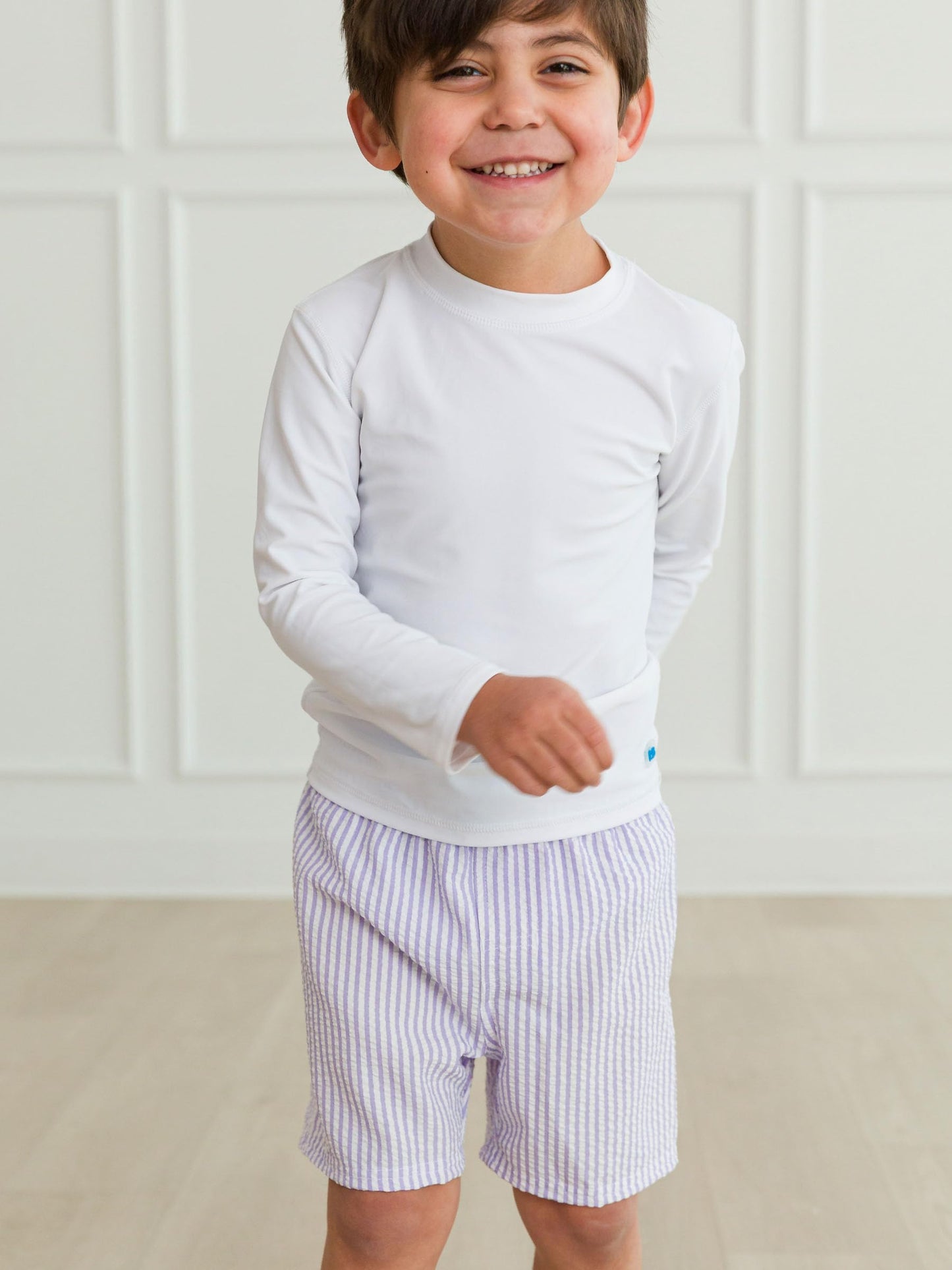 RUGGEDBUTTS Boys UPF50+ Sun Protection Seersucker Swim Trunks - Lavender Seersucker, 7
