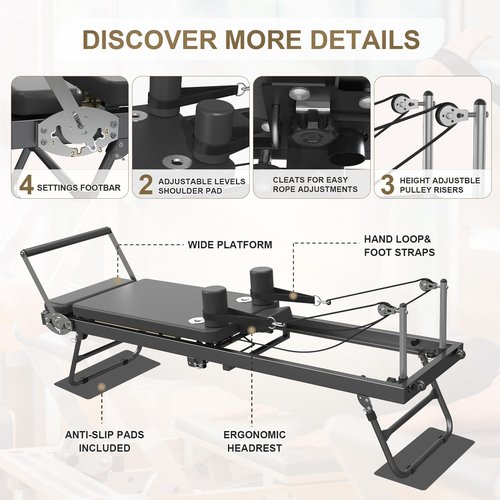 Pilates Reformer, Foldable Reformer Pilates Machine & Equipment for Women Home Use Gym Workout & Advanced and Beginners Users, Up to 400 lbs Weight Capacity, Black