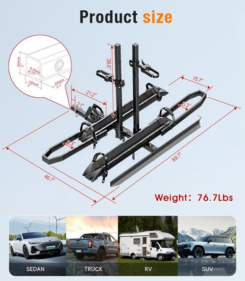 EBike Rack with Ramp for Tow Hitch with 300lbs Load Capacity, Car Bike Rack for Electric Mopeds, Fat Tire Mountain Bicycles, E Bike Carrier Raks for 2 Bikes, Fits SUV, Truck, RV, Van