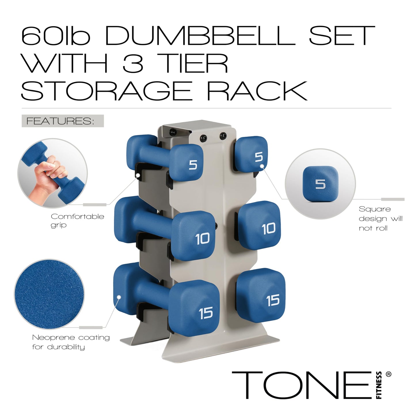 Tone Fitness 60 LB Neoprene Dumbbell Set with Storage Rack – Non-Slip, Anti-Roll Hand Weights for Home Gym Workouts | Light Gray Rack and Blue Dumbbells