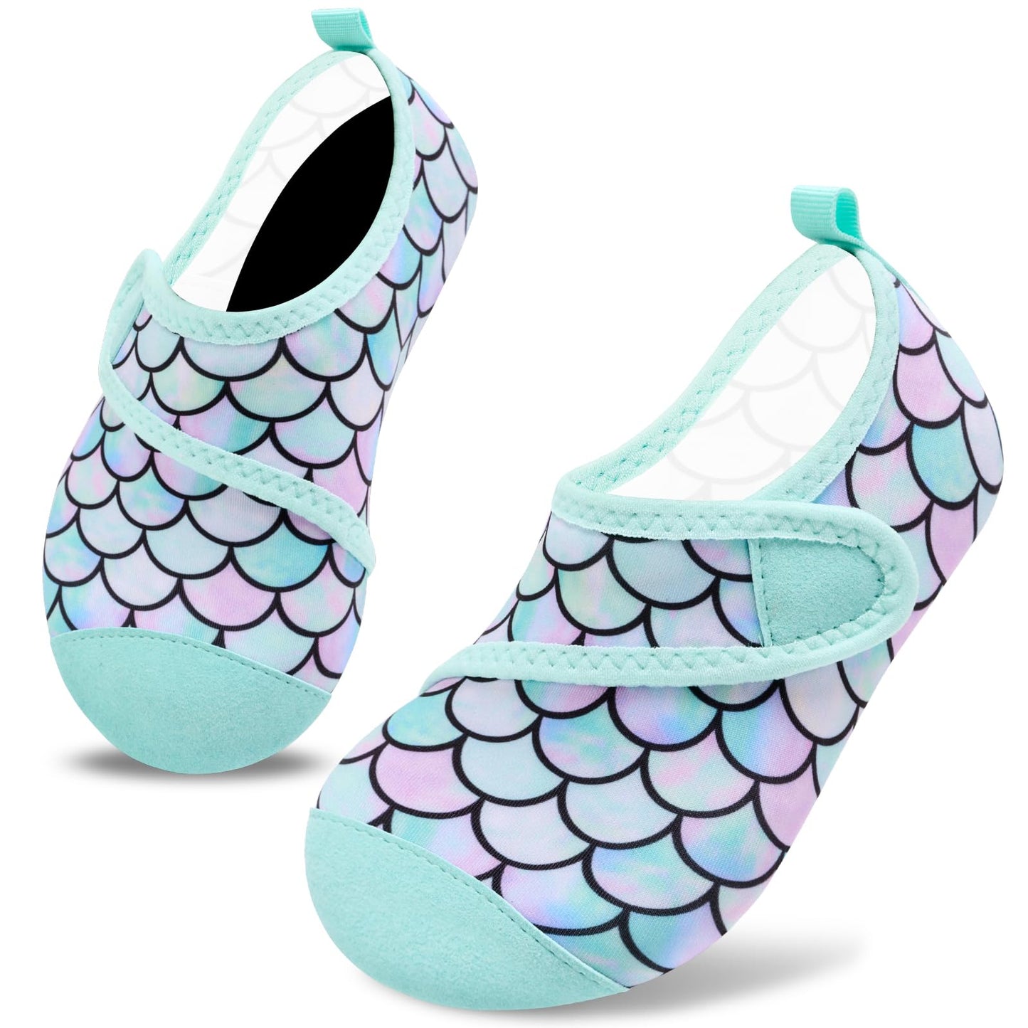 VIFUUR Kids Water Shoes Boys Girls Barefoot Water Sports Socks Hook&Loop Beach Shoes Quick Dry Aqua Socks Swim Walking Outdoor Sports for Toddler Fish Scales Green-24/25