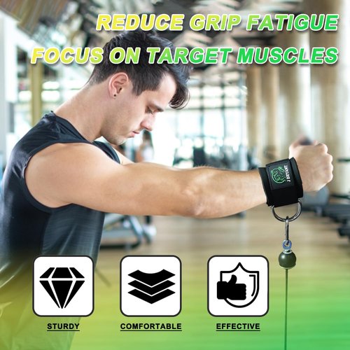 Wrist Cuffs for Cable Machine Workouts – Padded Wrist Straps with Reinforced D-Rings for Strength Training, Pulley Systems, Triceps & Bicep Workouts – Adjustable Fit for Men & Women (Green)