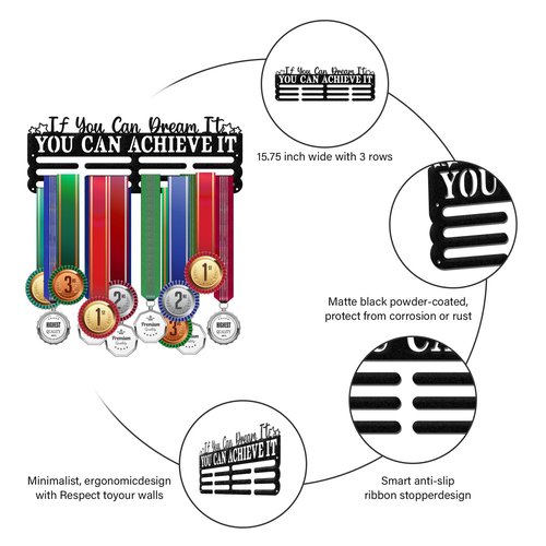 ORIGACH Motivational Saying Medal Hanger Display, If You Can Dream It You Can Achieve It Multiple Racing Wall Medal Holder Sports Medal Lanyard Ribbon Display Rack, 15.75 x 6 Inch