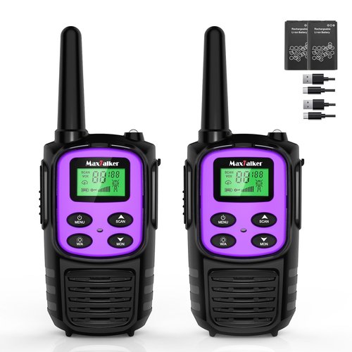 MaxTalker Walkie Talkies Long Range for Adult, MT10 Rechargeable Walkie Talkies FRS Two Way Radio, NOAA, 1200mAh Li-ion Battery USB-C Cable, LED Flashlight,VOX Walkie Talkie for Camping 2Pack (Purple)