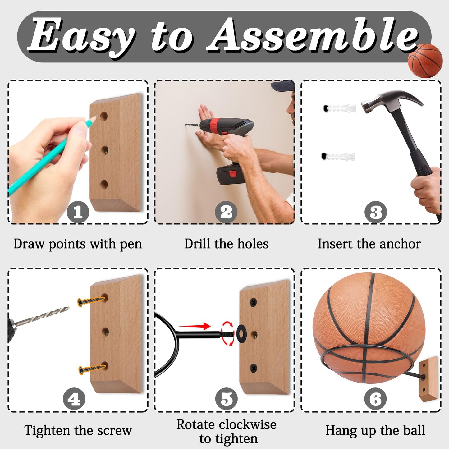 VIVTOB Basketball Holder Wall Mount, Holds Basketball, Football, Soccer Ball, Volleyball, Wall Mount Ball Holder for Room Decor, Sports Storage Stand (Beech Wood, 1 Pack)