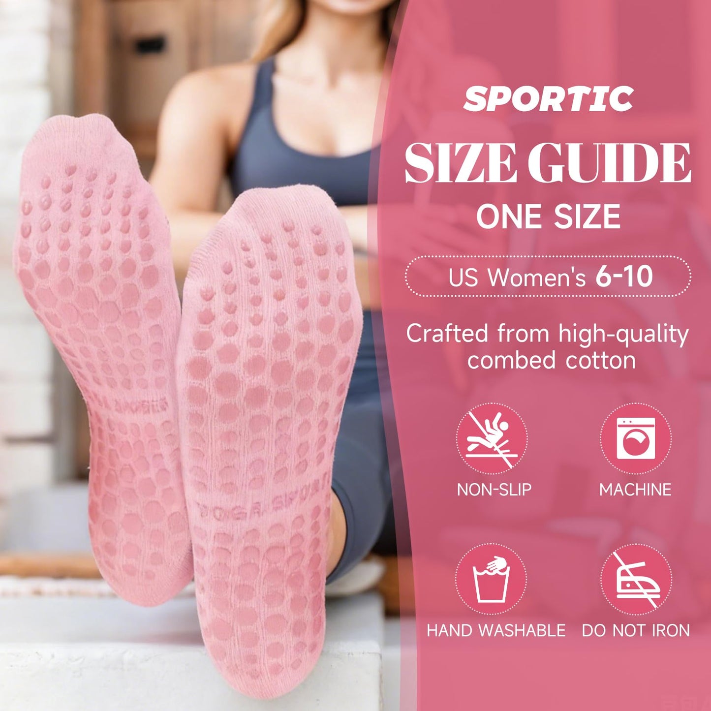 SPORTIC Pilates Socks with Grips for Women, Non Slip Yoga Socks Barre Crew Grippy Sticky Socks for Workout, Dance, Hospital – 4 Pairs Athletic Anti Skid Grip Socks