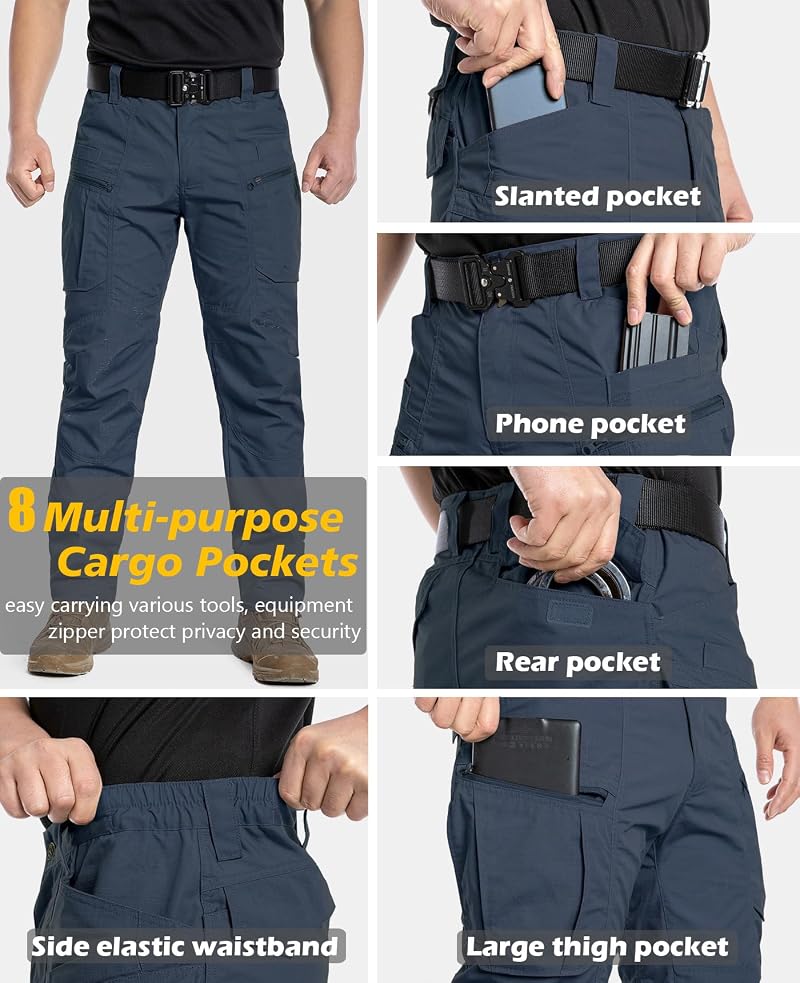 Carwornic Men’s Ripstop Cargo Tactical Pants - Water-Resistant, 8 Pockets, Blue 34W x 32L