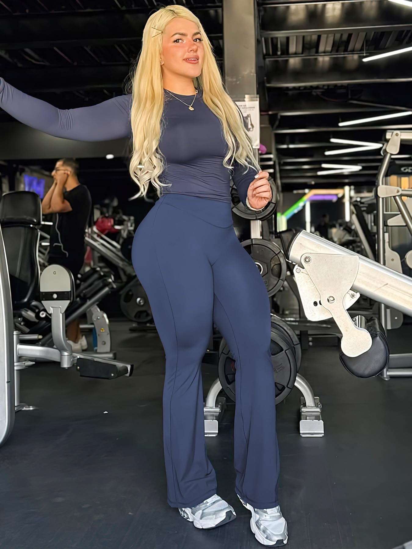 YEOREO Workout Leggings Womens No Front Seam Straight Leggings 31.5" High Waist Buttery Eddiy Gym Yoga Pants Navy Blue M