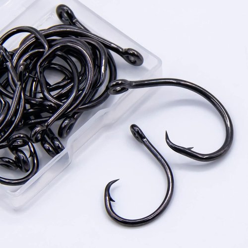 FishTrip Circle Hooks Saltwater 25pcs,in-Line Circle Fishing Hooks 5X Strong for Catfish,Black/High Carbon Steel/Non-Offset/Closed Eye/Wide Gap for Striped Bass Salmon (Size 6/0)