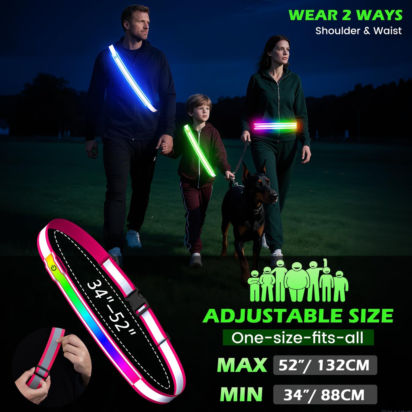 Reflective Sash Gear for Walking at Night,Flashing LED Reflective Belt Safety Lights for Walkers Night Dog Walking Biking Running,High Visibility Rechargeable With Wear 2 Ways for Men Women (Pink)