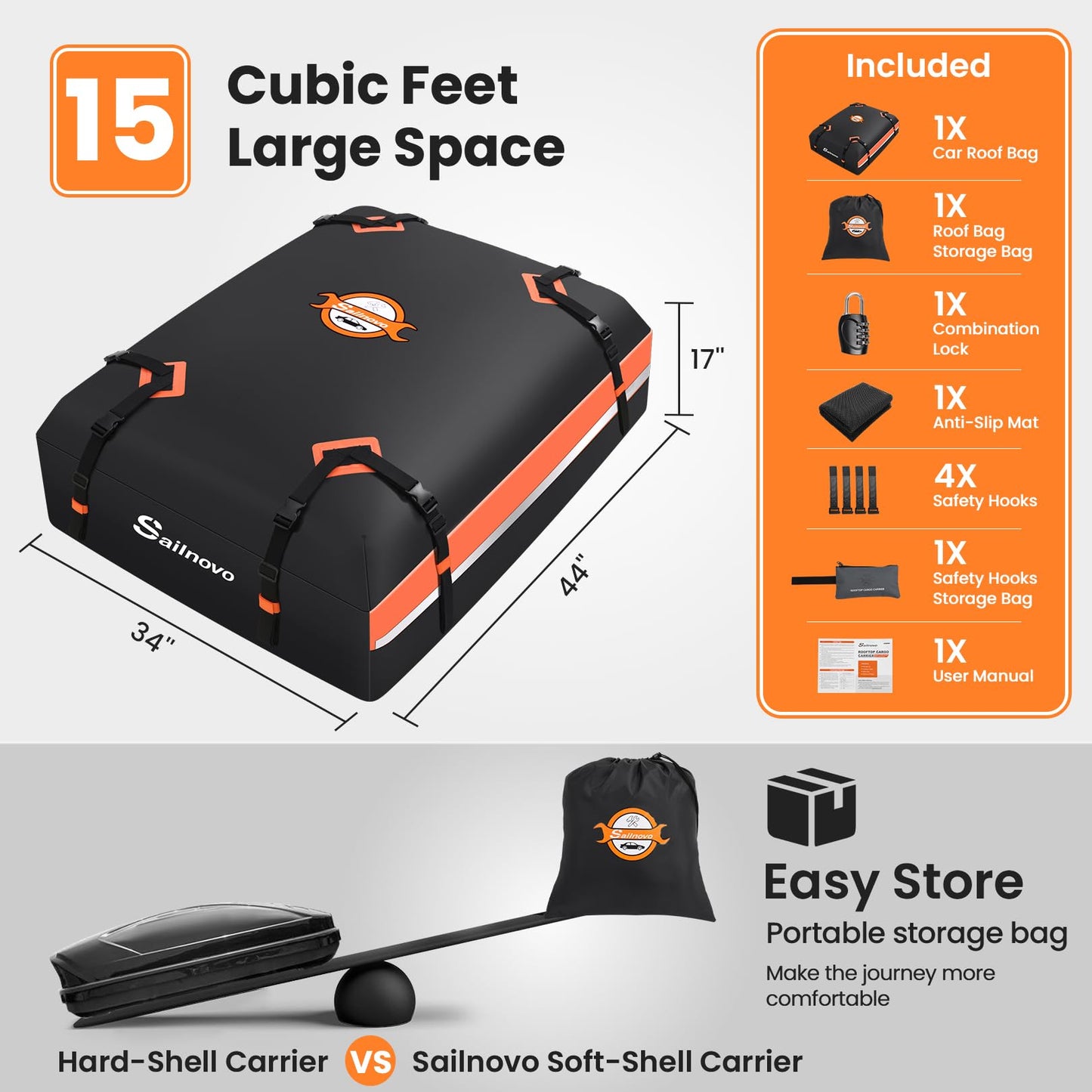 Sailnovo Rooftop Cargo Carrier 20 Cubic, Waterproof Car Roof Bag Car Top Carrier Car Roof Storage with Slip Mat, 6 Door Hooks Combination Lock, for All Vehicle Roof with/Without Rack Cross Bar