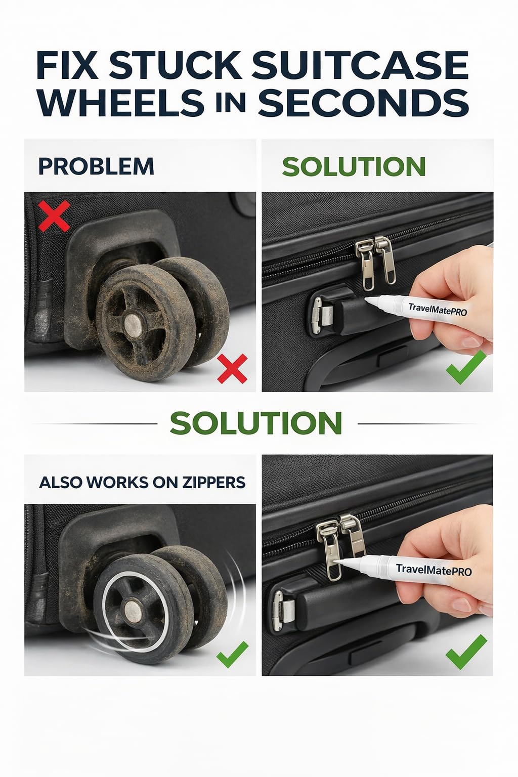 TravelMatePro TSA Approved Luggage Wheel Lubricant Pen - Silent Suitcase Wheels, Smooth Zippers & Handles