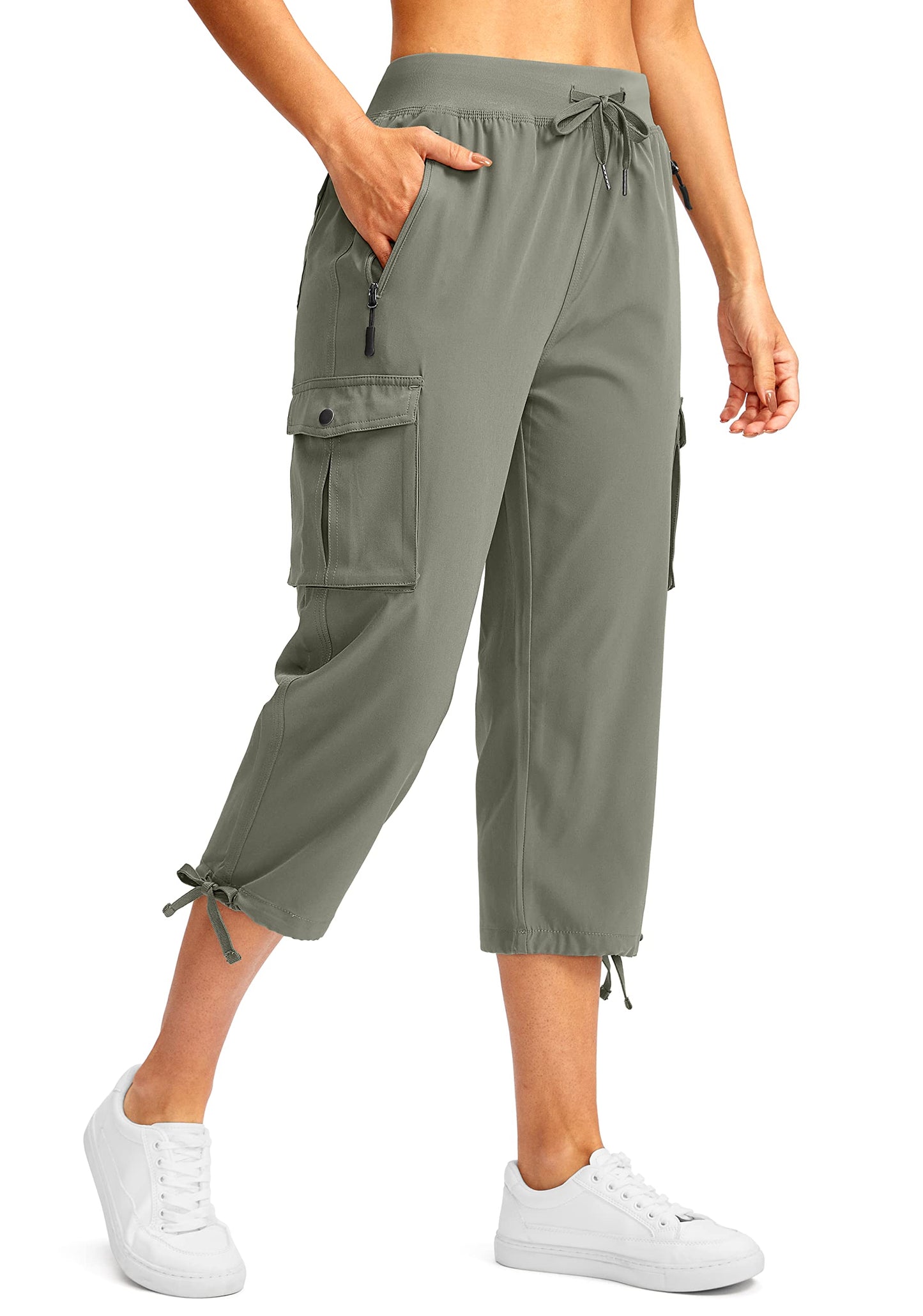 Soothfeel Women's Cargo Capris Pants with 6 Pockets Lightweight Quick Dry Travel Hiking Summer Pants for Women Casual (Grey Sage, XL)