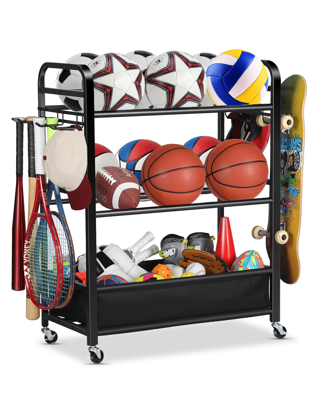 EXTCCT Ball Storage Sports Equipment Organizer - Garage Storage Cart Rolling Ball Storage Rack with Hooks Wheels Outdoor Indoor Gym Gear Toy Holder Bin for Basketball, Baseball, Soccer