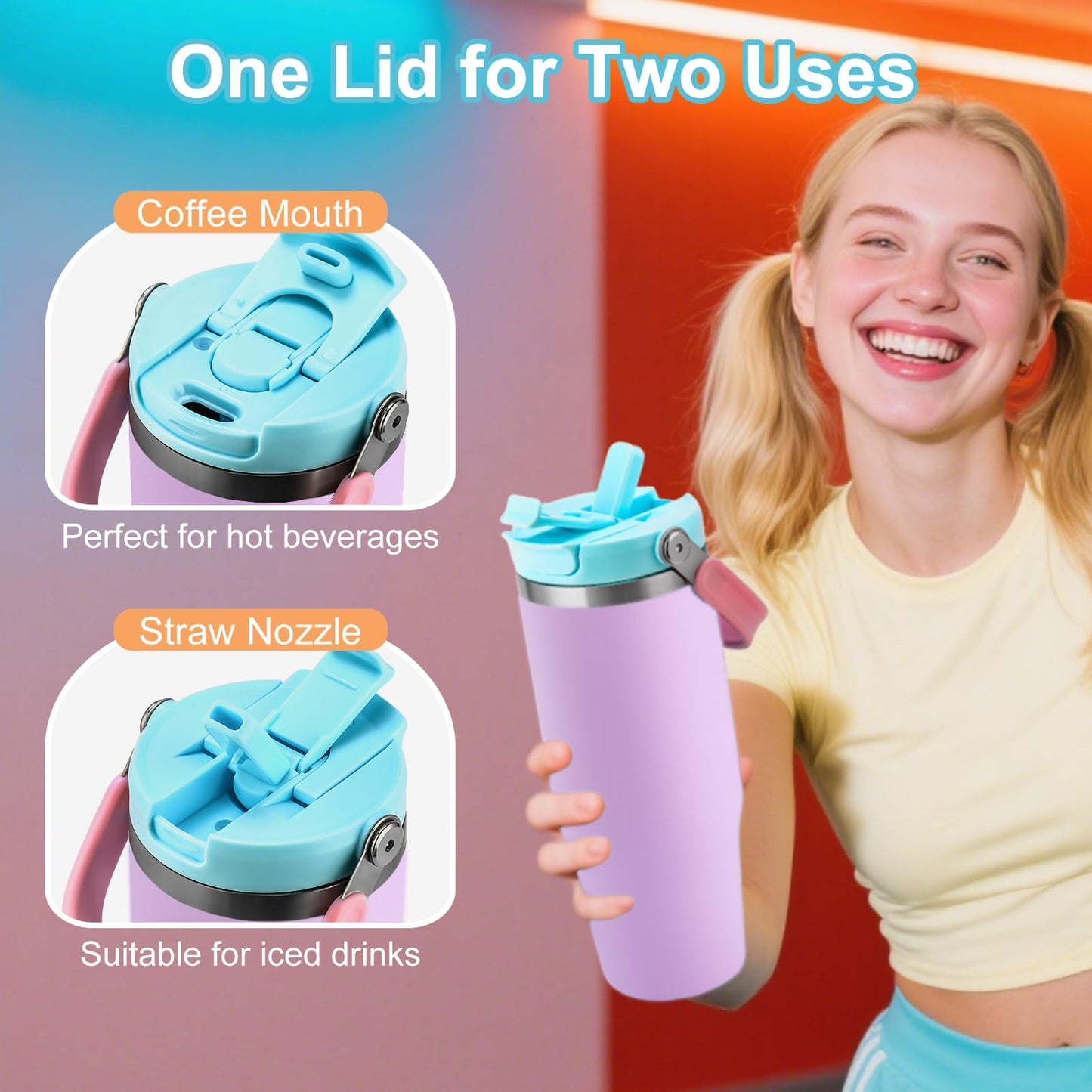 Winscj 32 oz Tumbler with Handle and Flip Straw,Keep Cold or Hot,Fits in Cup Holder,Reusable Leak Proof Stainless Steel Vacuum Water Bottle,Suitable for Home Gym Trave, Easy to Carry(Purple)