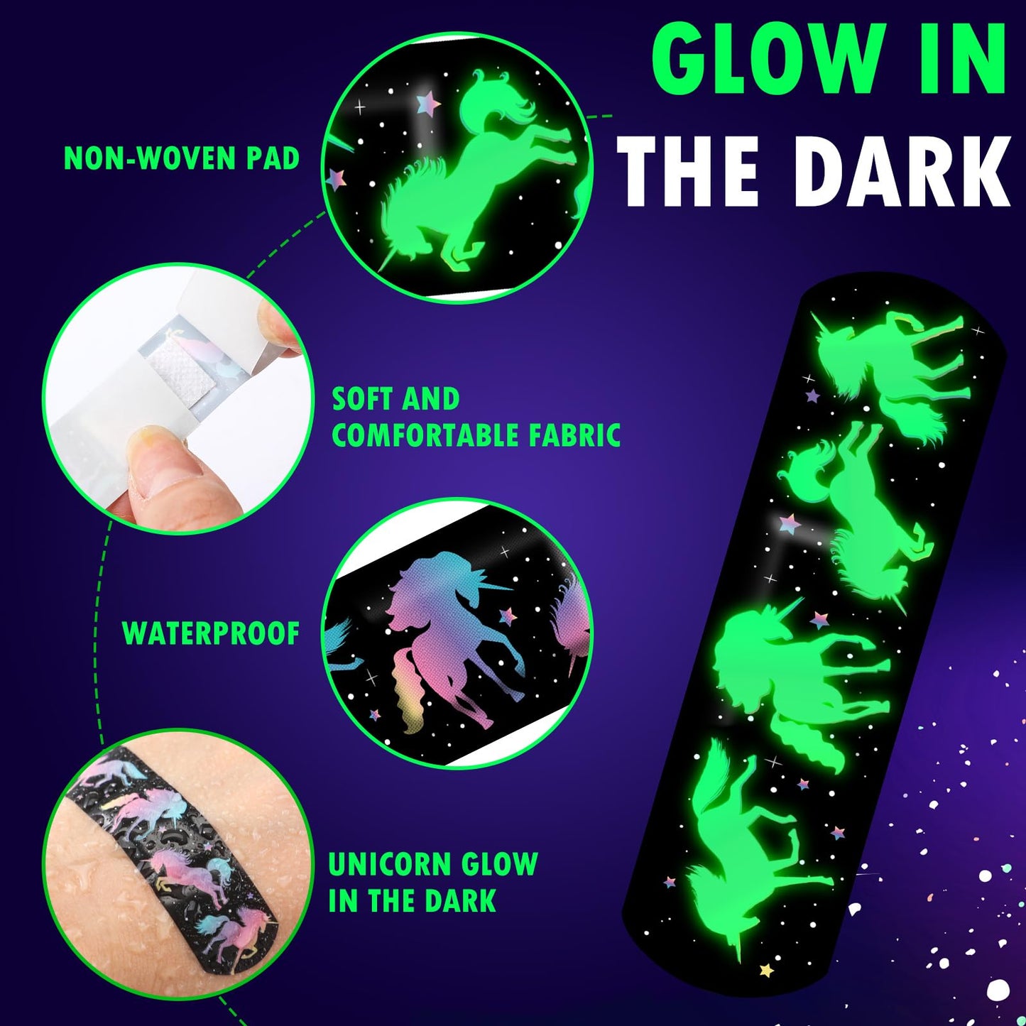 Threlaco 100 Pcs Glow in the Dark Bandage for Kids Cute Breathable Waterproof Neon Bandages for Girls Boys Children Toddlers Adhesive Flexible Wrap for Cuts, Scrapes, Wounds (Unicorn)