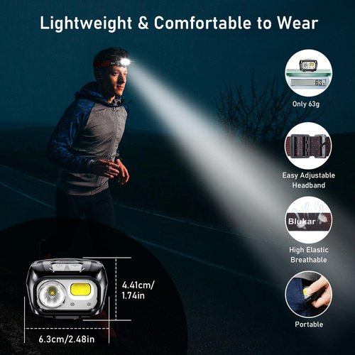 Blukar LED Headlamp Rechargeable,2000L Super Bright Headlight with Motion Sensor -Dimmable Brightness,8 Modes,Spotlight&Floodlight&Red Light Combination,IPX5 Waterproof for Hiking,Camping - 2 Pack