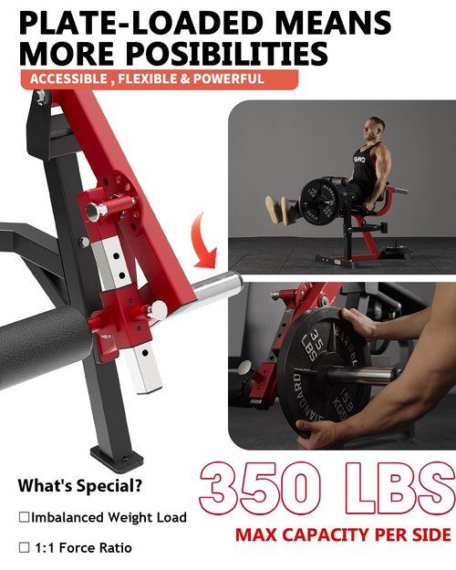 GMWD Leg Extension and Curl Machine, Single Leg Extension, Lying Leg Curl, Standing Leg Curl, Adjustable Leg Exercise Bench with Plate Loaded, Leg Machine Home Gym, Red, LE03R