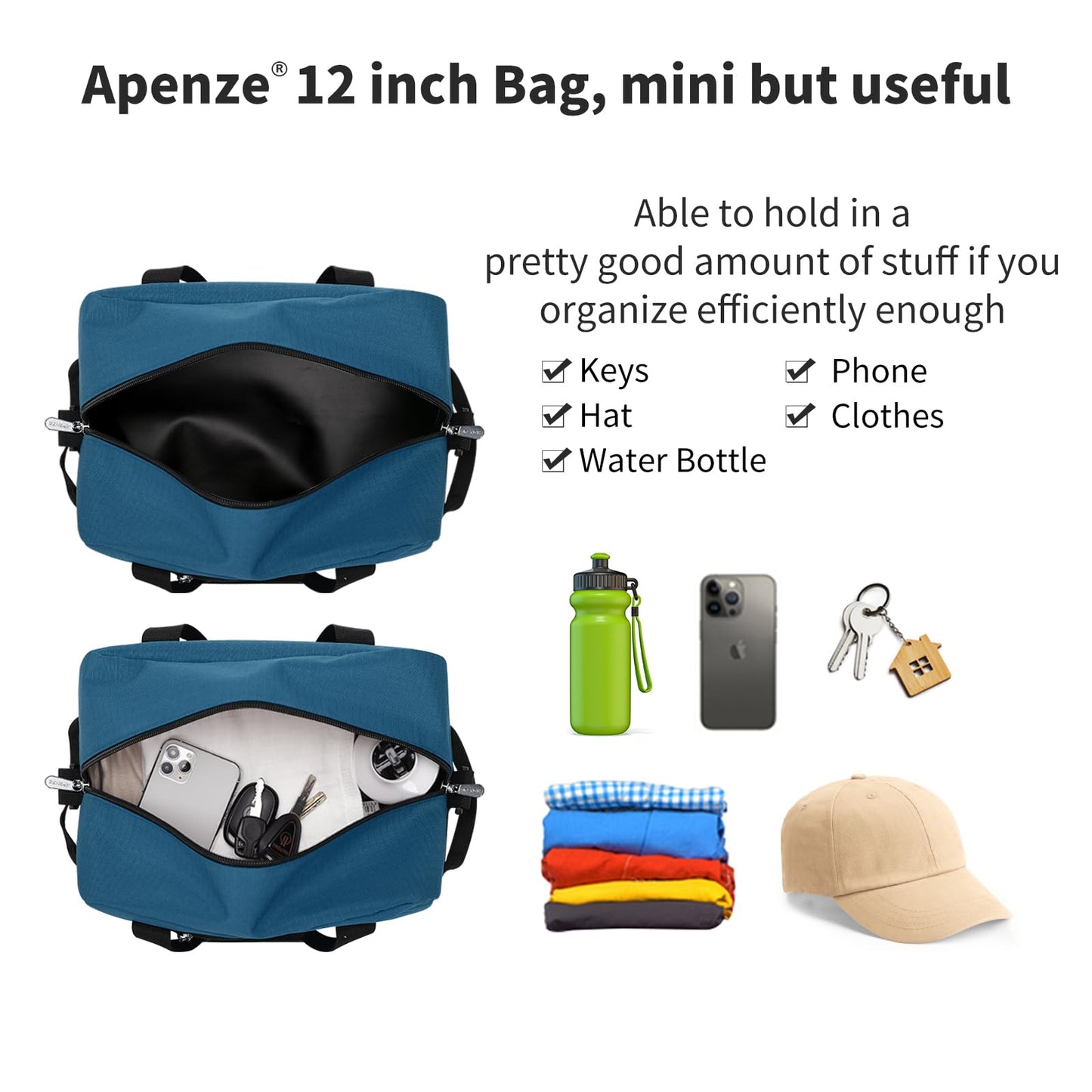 Apenze Small Gym Bag Carry On Bag - 12 in Mini Duffle Bag Lightweight for Overnight Travel(Blue)