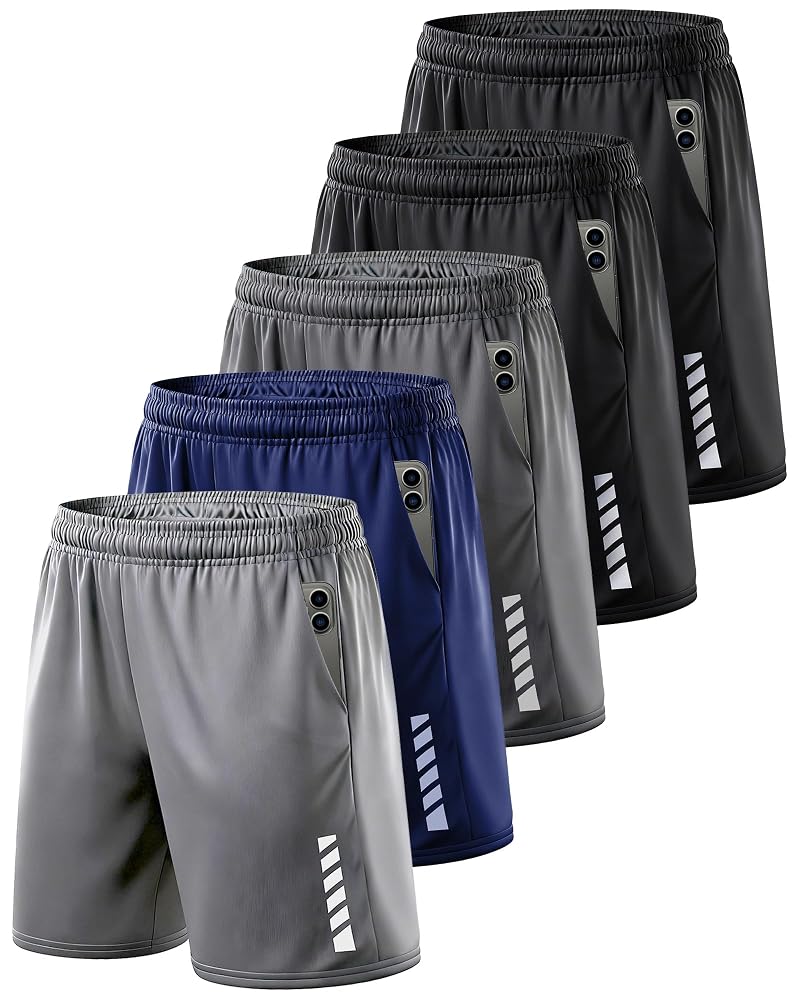 Mens Running Shorts with Pockets – 5 Pack (Black x2, Deep Grey, Navy, Grey) Athletic Gym Short