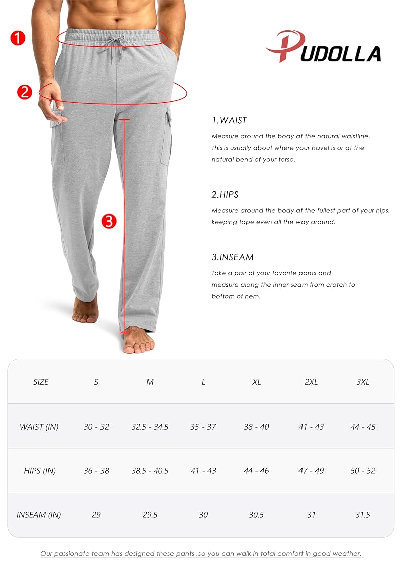 Pudolla Men’s Cotton Cargo Sweatpants with 6 Pockets, Black XL