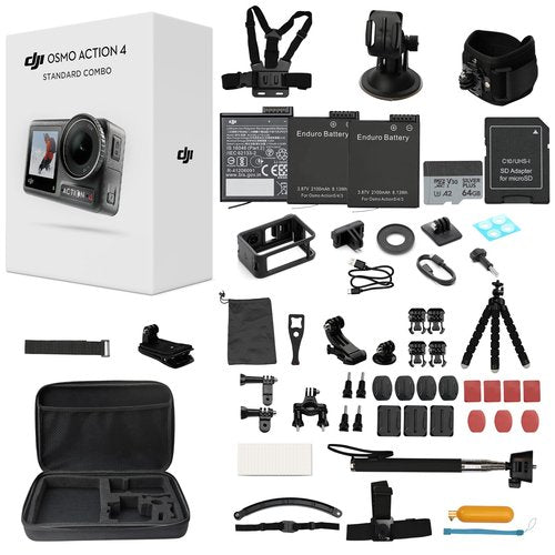 DJI Osmo Action 4 Standard Combo with 50 Piece Accessory Kit + 2 Extra Batteries + 64GB Card, 4K/120fps Waterproof Action Camera with a 1/1.3-Inch Sensor, Long-Lasting 160 Mins, Outdoor Camera