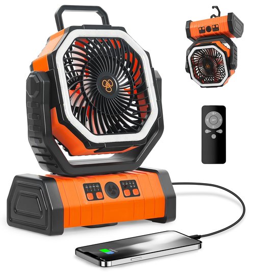 OUTTPLY 20000mAh Camping Fan - Rechargeable Battery Powered Portable Fan with LED Lantern, Remote Control, Oscillating, 360° Rotation Hanging Hook for Outdoor Travel, Camp, Tent