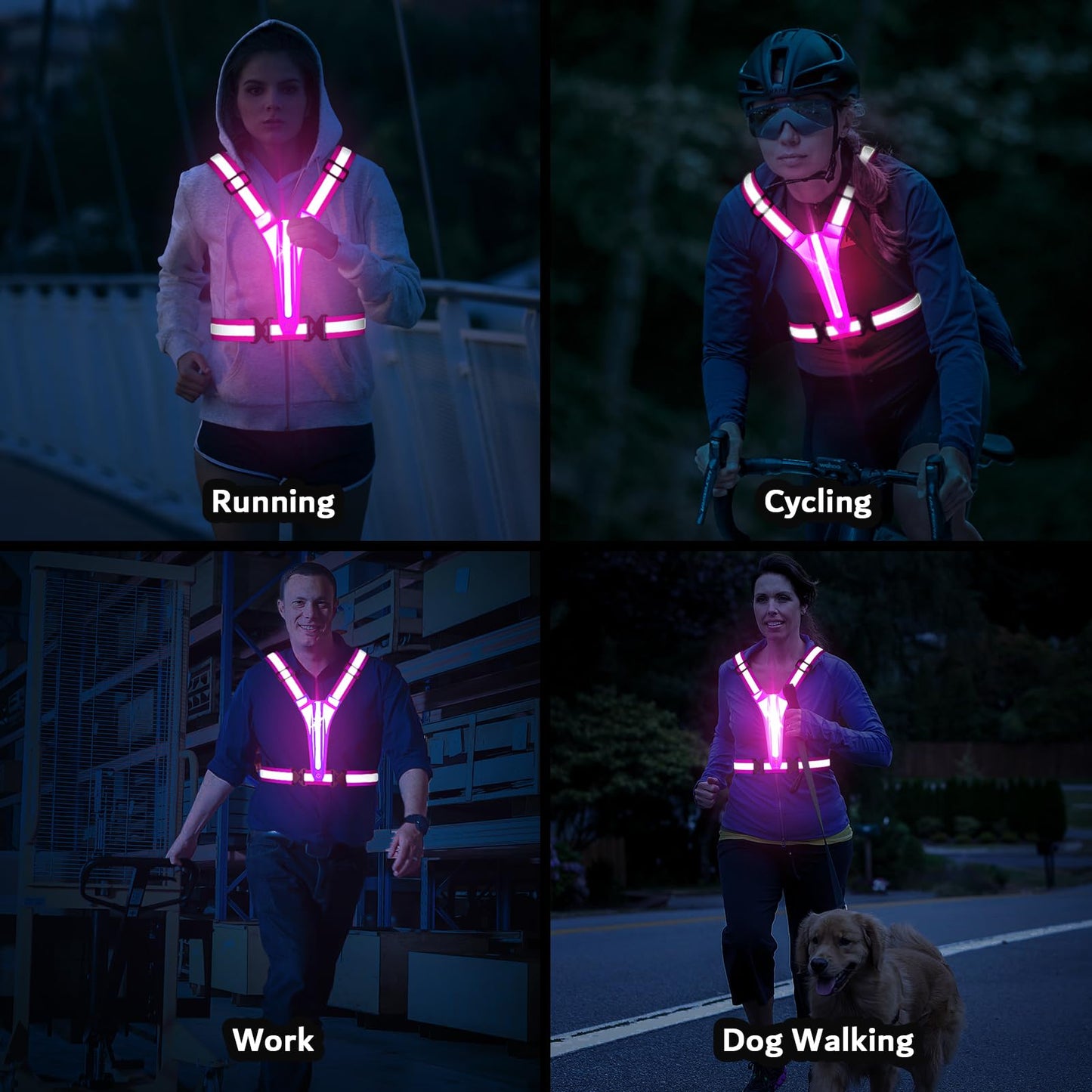 Fokia Kunbio LED Reflective Running Vest Gear,Light Up Vest Runners Night Walking USB Rechargeable,Up to 11hrs Light with Adjustable Waist/Shoulder for Women Men Kids (Pink)