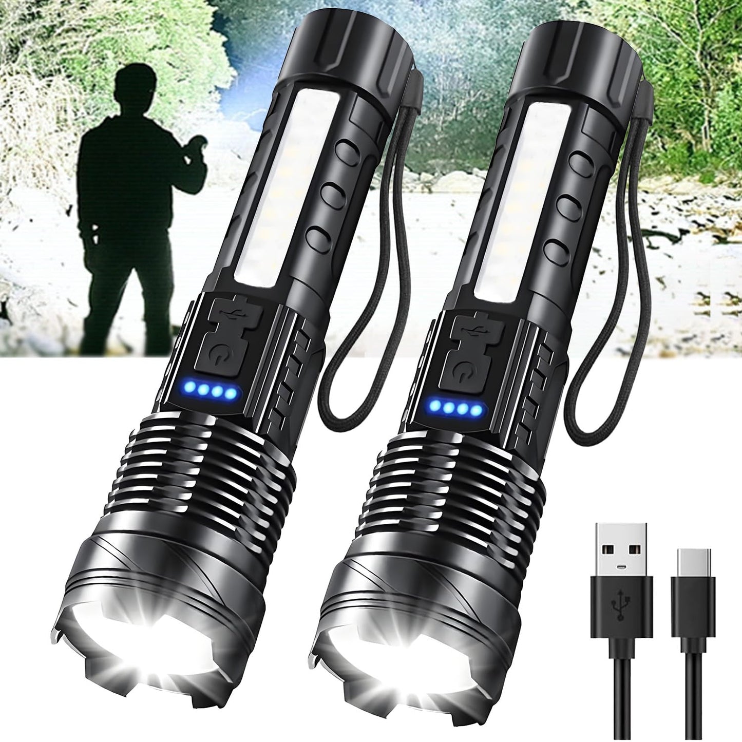 Rechargeable LED Flashlights, 99,000 Lumens Super Bright Handheld FlashLight, 7 Modes with COB Work Light, IPX6 Waterproof, Adjustable Tactical Flash light for Home,Camping and Emergencies-2 Pack