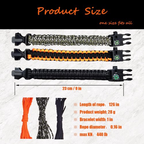 DIHAIMI Paracord Survival Bracelet (3 Pieces), Practical Five Functions, Fire Starter, Loud Whistle, Reliable Compass, Rope Cutter, Reliable Paracord, Black & Camo & Orange+Black
