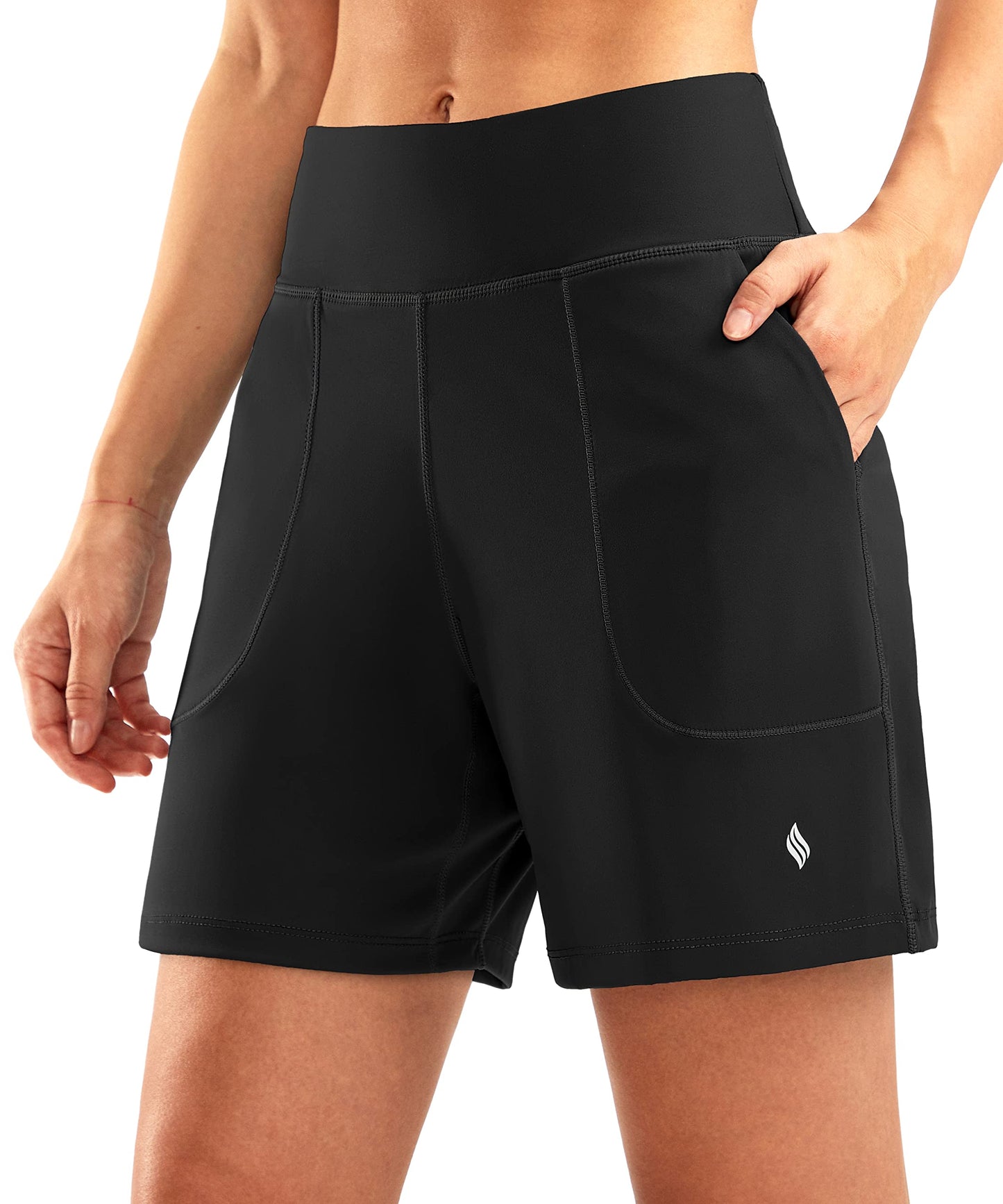 SANTINY Women's 6'' Athletic Long Shorts with 4 Pockets High Waisted Bermuda Shorts for Women Walking Running Casual (Black_XL)