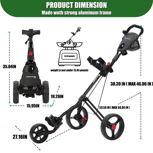 XDriveMax GC27 3 Wheel Golf Push Cart, Golf Trolley Folding Lightweight Bag Pull Cart Caddy Cart for Clubs and Bag with Cup Holder Scorecard Holder/Storage Compartment (Black)