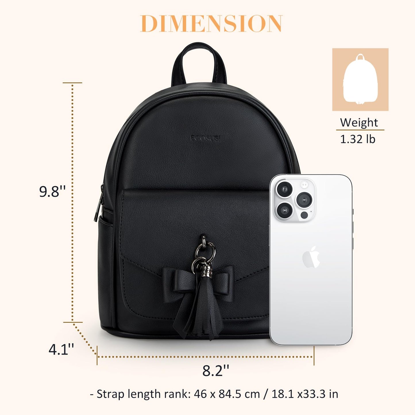 ECOSUSI Mini Backpack for Women Girls Cute Bowknot Small Backpack Purse Ladies Leather Bookbag Satchel Bag, with Charm Tassel Black
