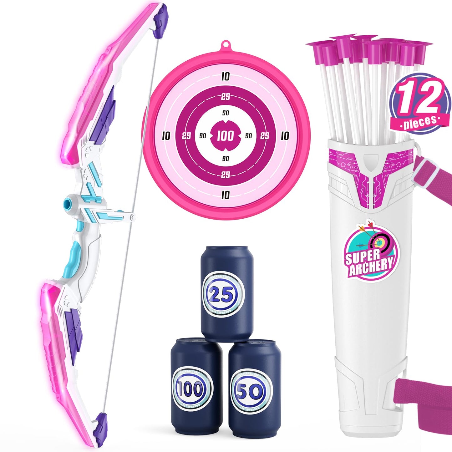 HYES Bow and Arrow for Kids, LED Light Up Archery Set with 12 Suction Cup Arrows, 1 Hanging Target, 3 Score Targets & 1 Quiver, Indoor Outdoor Sport for Boys Girls Ages 4-12, Purple