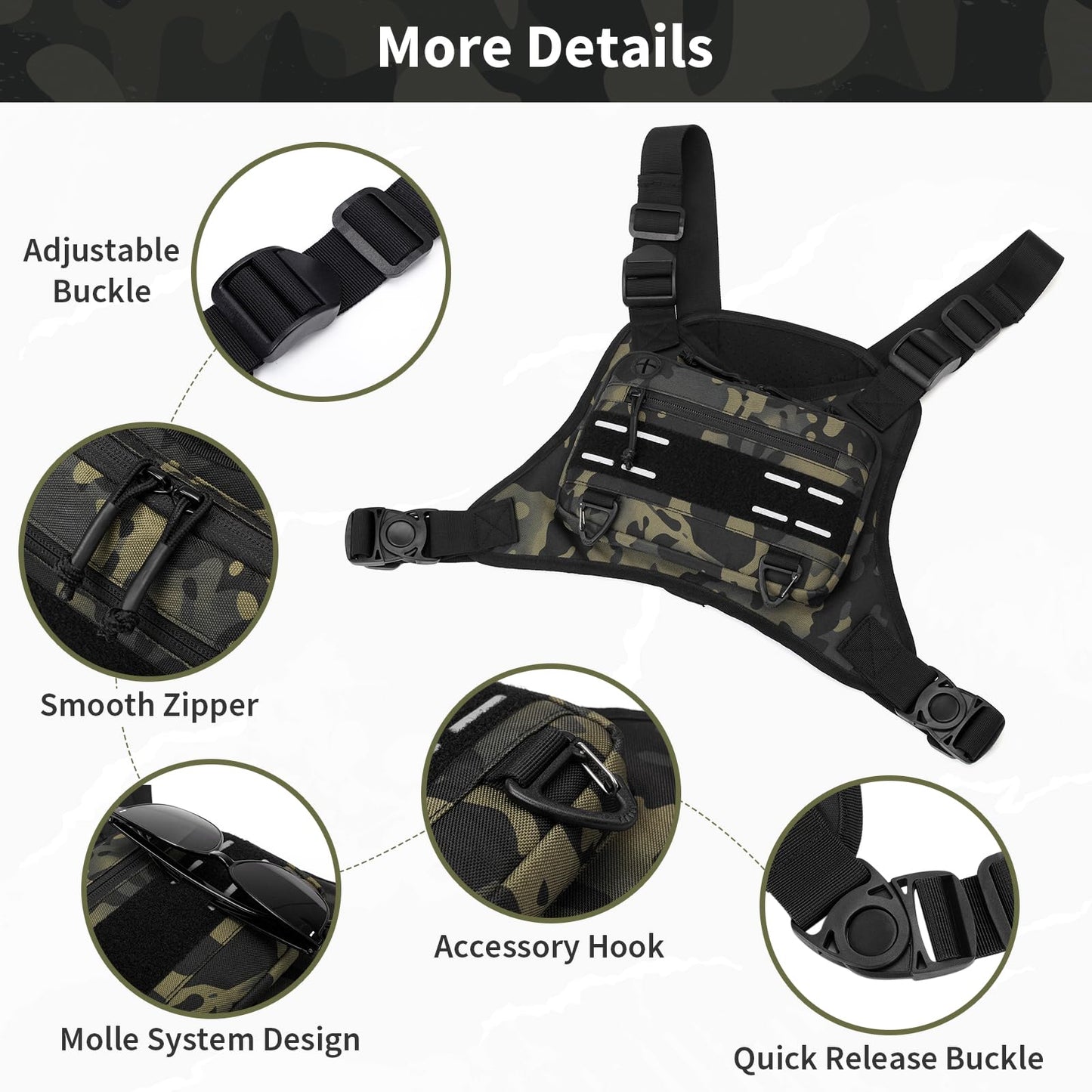 CamGo Tactical Outdoor Sports Chest Bag for Men, Molle EDC Vest Chest Pack for Sports Running Hiking Workout Black CP
