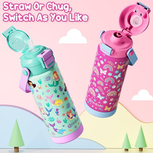 Fimibuke Kids Insulated Water Bottle with Pop-Open Straw & Spout 2-in-1 Lid, 18oz Leak Proof 18/8 Stainless Steel Vacuum Tumbler, BPA-Free Kids Cup For Travel School Boys Girls Toddler 1 Pack, Mermaid