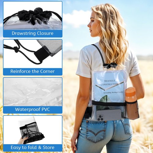 simarro 2Pcs Bustproof PVC Clear Drawstring Bags, Stadium Approval Drawstring Backpack with Mesh Bag, Suitable for Sports, Festivals, Travel, Work, Clear Bag, Suitable For Both Men and Women