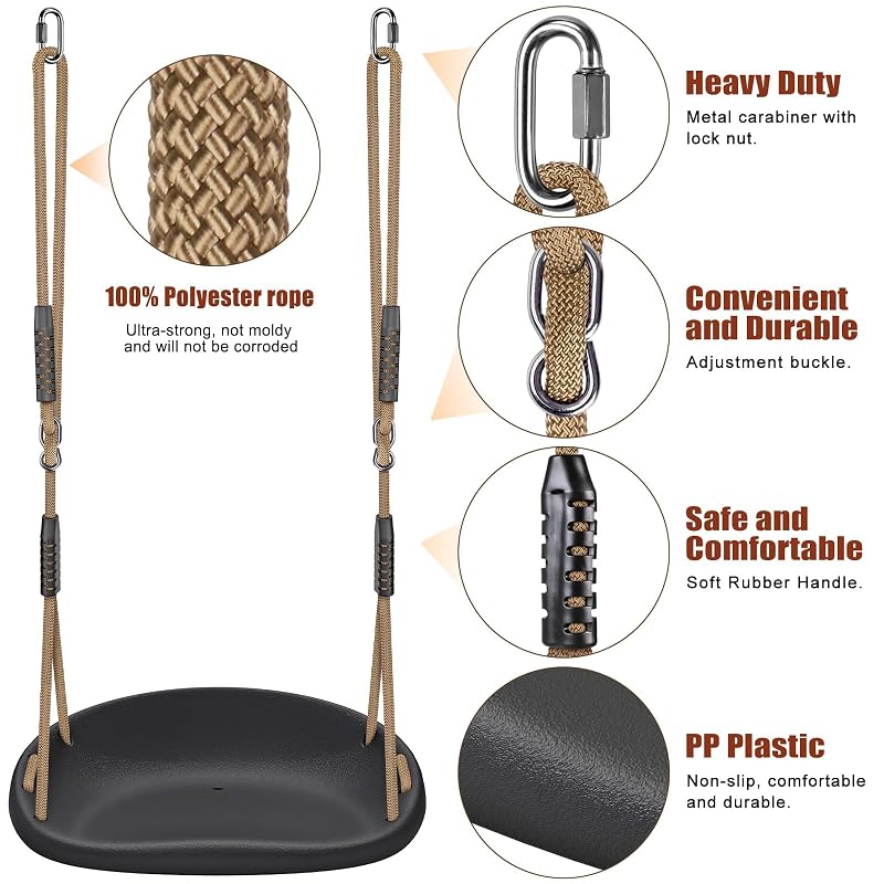 Heavy Duty Swing Seat with Wider Seat, Adjustable 50.5-80.3 in Rope, 500 lb Capacity – Non-Slip Plastic Swing for Kids & Adults, Includes Carabiners (1pc Black) Variation