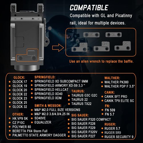 800 Lumens Compact Pistol Light, USB Rechargeable Rail-Mounted Tactical Gun Flashlight for Handguns, Quick Release Mini Weapon Light Compatiable for 1913,GL Style Full Size and Compact Rail
