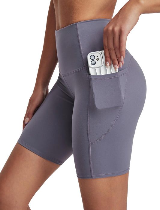 kakola Compression Workout Shorts for Women High Waist Athletic Biker Shorts with Side Pockets Purple