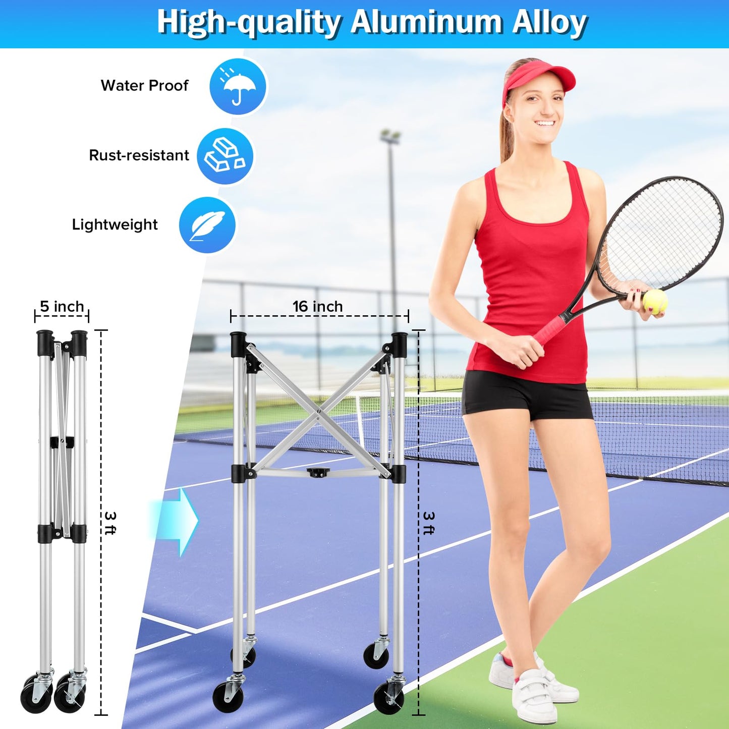 Angooni Professional Tennis Cart with Silent PU Wheels - Sturdy and Lightweight Tennis Ball Cart with 150-Ball Capacity - Portable Tennis Balls Basket & Reliable Ball Carrier