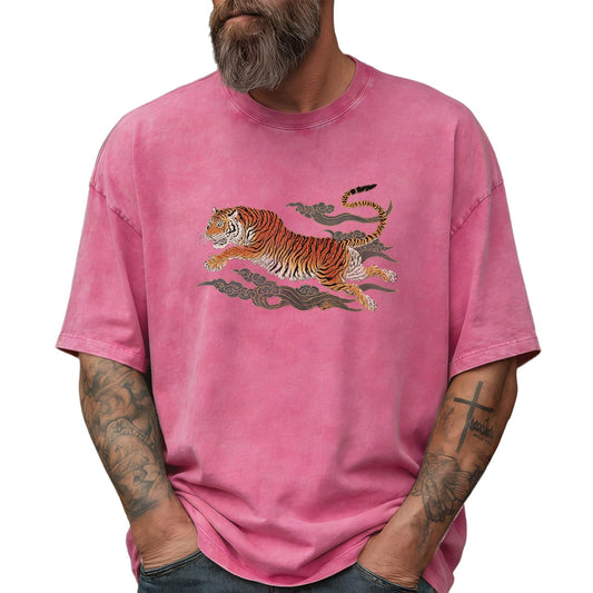 Acid Washed Oversized T Shirts for Men Solid Pink Cotton Drop Shoulder Crewneck Vintage 2026 Summer Gym Workout Breathable Casual Apparel,S