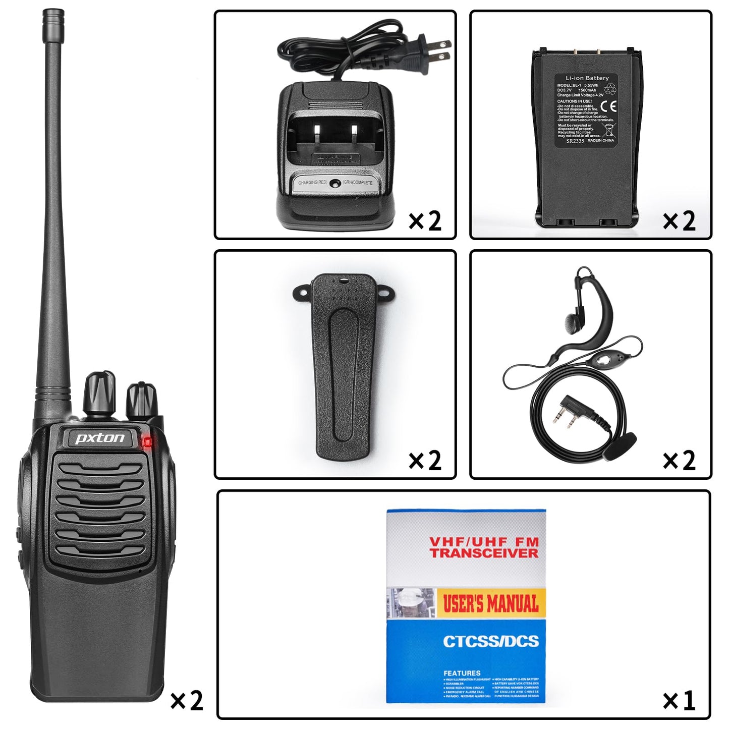 pxton S1 walkie talkies for Adults with earpieces and Rechargeable 1500mAh Li-ion Battery，walkie Talkie has VOX，TOT，Emergency Alarm，Battery Low Alert，Flashlight，Scan Function（2 Pack）