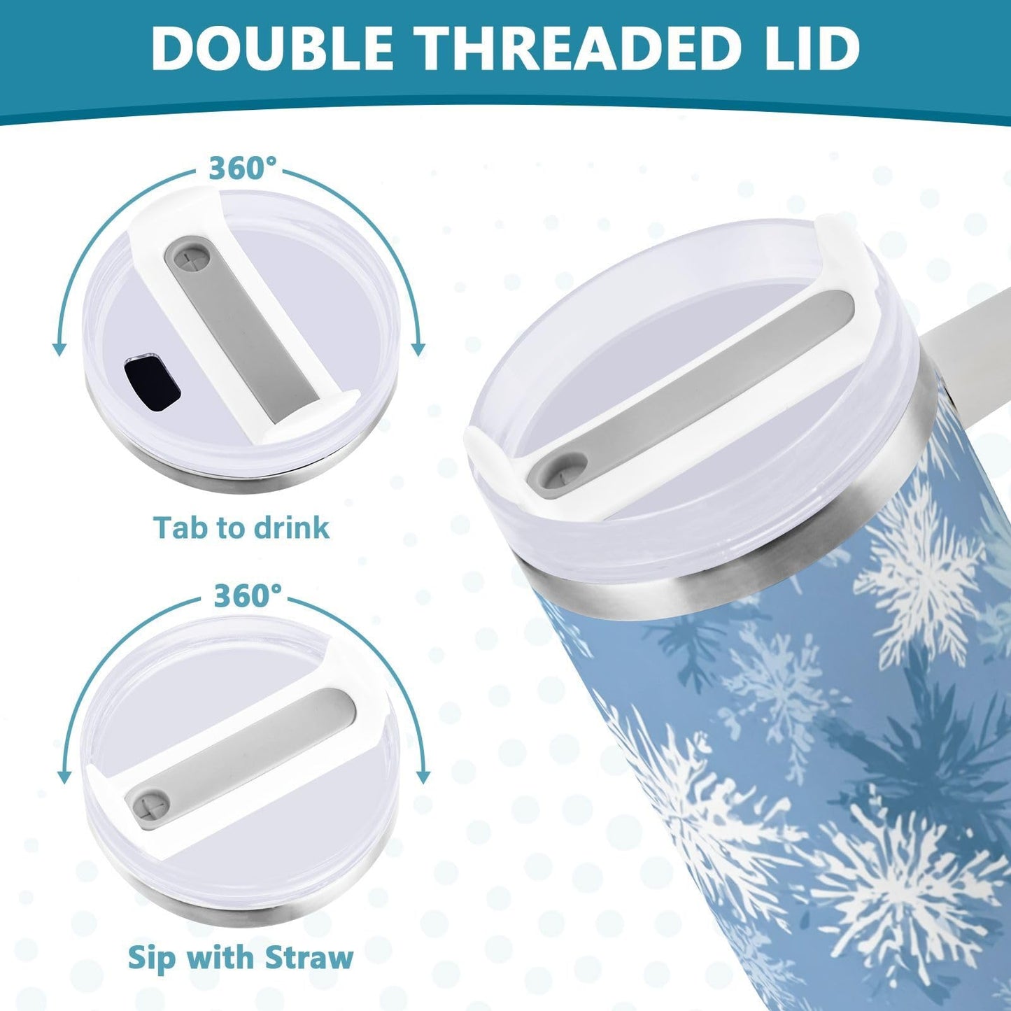 Boccsty Blue White Snowflakes Insulated Tumblers Winter Christmas Theme Reusable Stainless Steel Tumbler 30 oz Cup Coffee Travel Mug Water Bottle with Handle & Flip Straw for Home Office Car