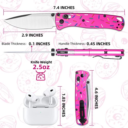 Donut Pocket Folding Knife for Women Men, D2 Steel Axis Lock Knife, Unique Donut Design Aluminum Handle Folding Knives with Reversible Pocket Clip