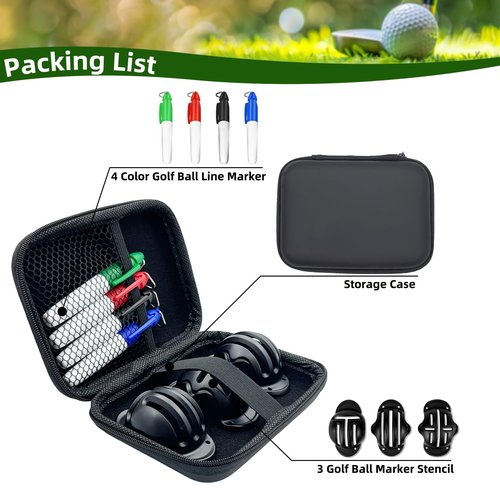 HIFQUI Golf Ball Marker Set with Carry Case, 3 Golf Ball Marking Stencils and 4 Colors Golf Ball Markers, Golf Ball Marker Liner Drawing Marker, Golf Ball Alignment Marking Tool
