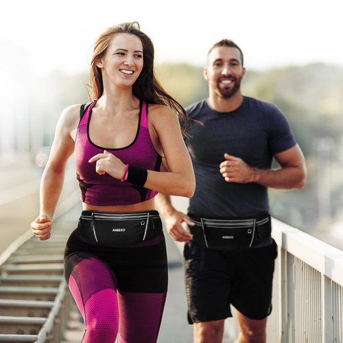 ANBEKO Running belt for Men Women with Extender Large Capacity Runner Waist Pack with 4 PocketsHiking Travel Camp Running Workout Belt BagReflective No Bounce Waist BagEasy Carry Large Phones black