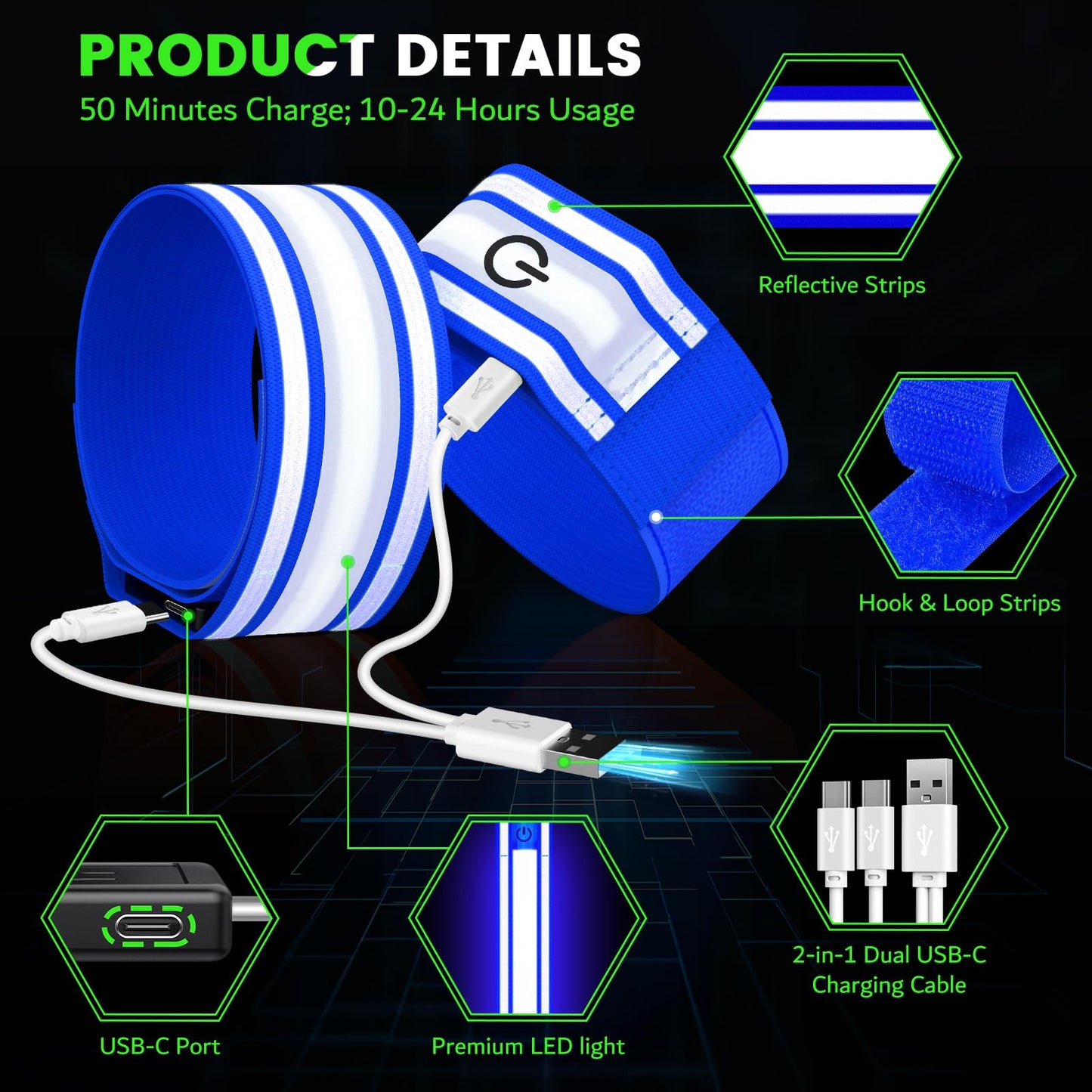 LED Armband for Running(2 Pack),Light Up Arm Bands for Night Walking Running,Rechargeable Lights for Runners,High Visibility Reflective Running Gear Adjustable Light Up Wristbands (Blue, Regular)