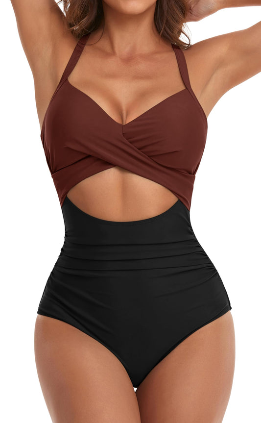 Eomenie Women's One Piece Swimsuits Tummy Control Cutout High Waisted Bathing Suit Wrap Tie Back 1 Piece Swimsuit Caramel, Black